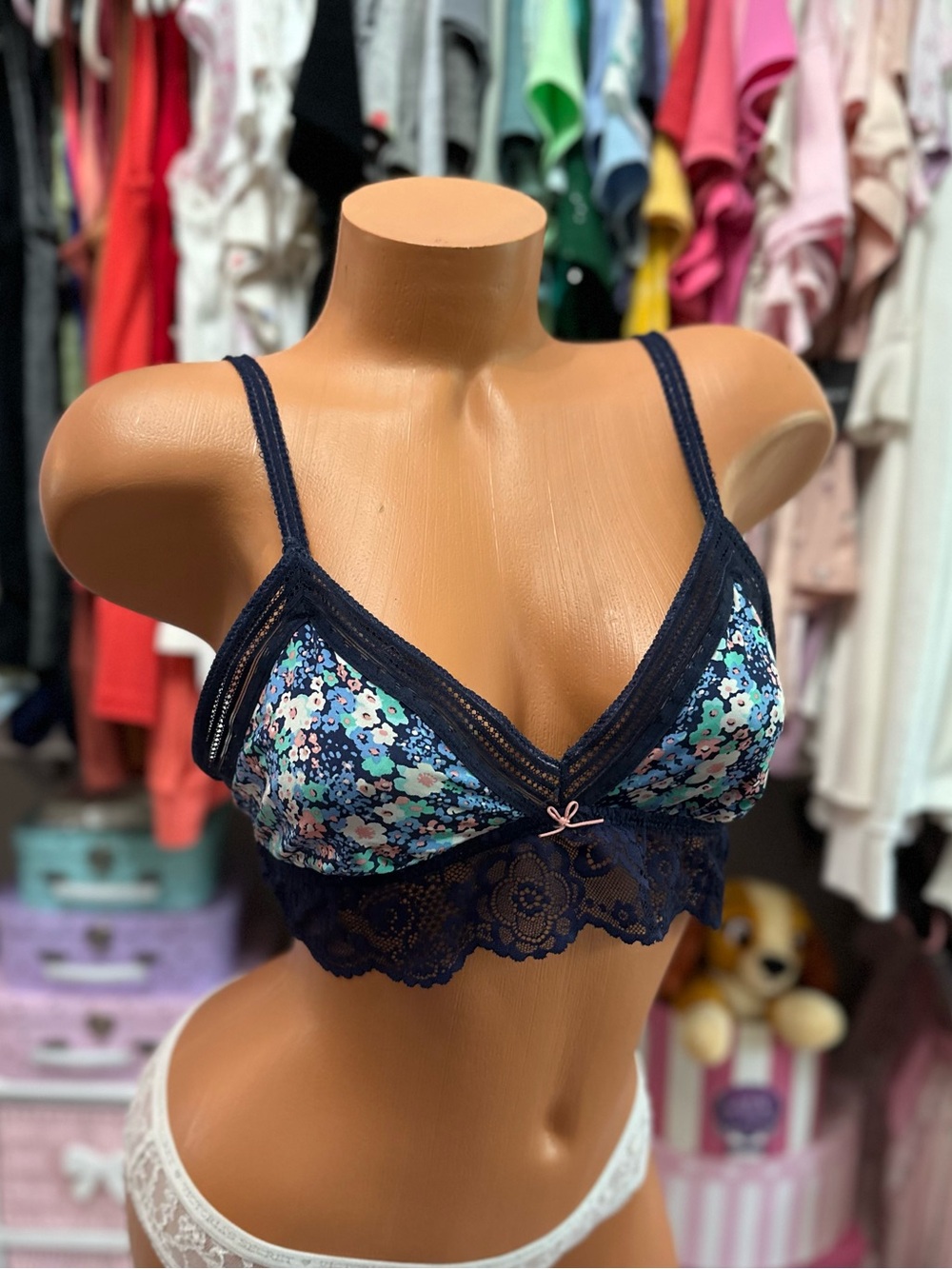 Aerie Floral & Navy Blue Lace Bralette Large